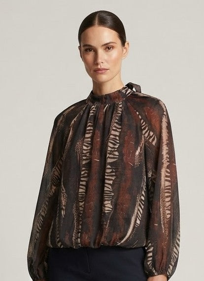 Blusa Serena Marrone con Fiocco e Stampa Graphic Animalier