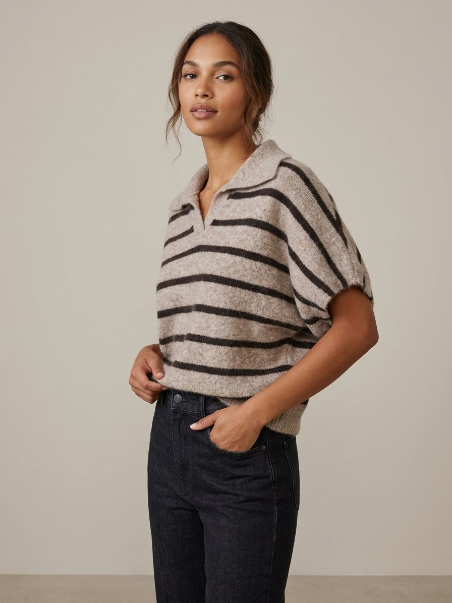 Maglia Polo Manica Corta  Ingrid Misto Alpaca a Righe Tortora e Marrone