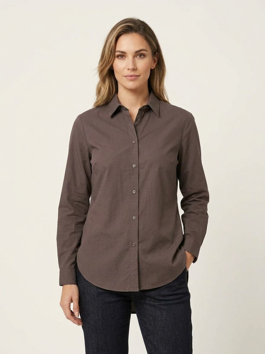 Camicia Longline Over Elisa in Cotone Stretch Fango