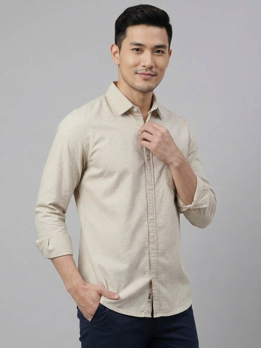 Camicia Marlon Micro-Texture in Cotone Beige
