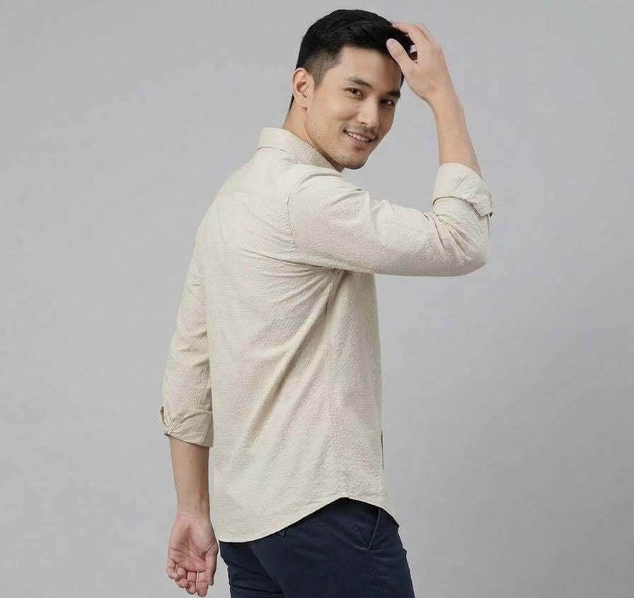 Camicia Marlon Micro-Texture in Cotone Beige