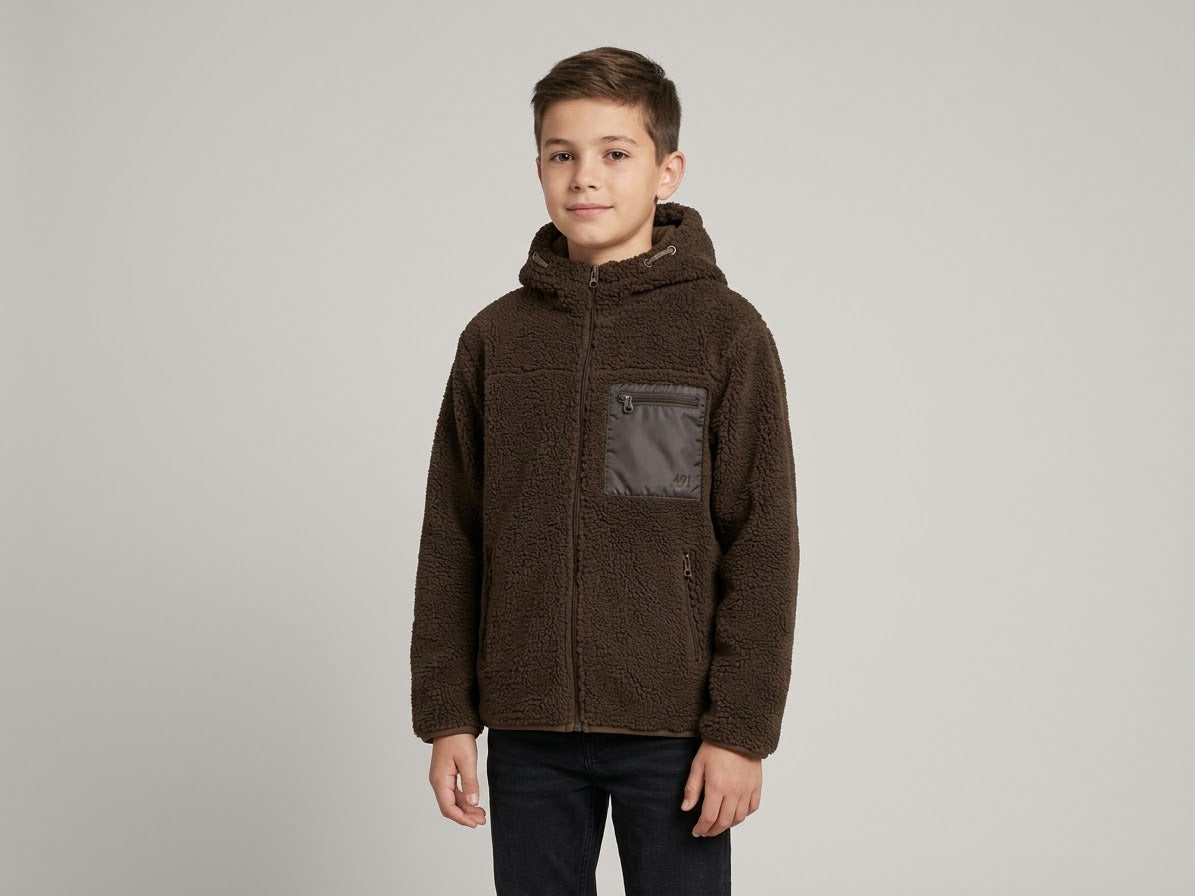 Giacca Felpa Rey in Fleece Effetto Teddy con Zip Marrone Scuro