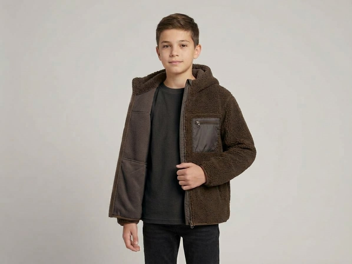 Giacca Felpa Rey in Fleece Effetto Teddy con Zip Marrone Scuro