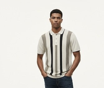 Polo in Maglia a Righe Verticali Beige  Black