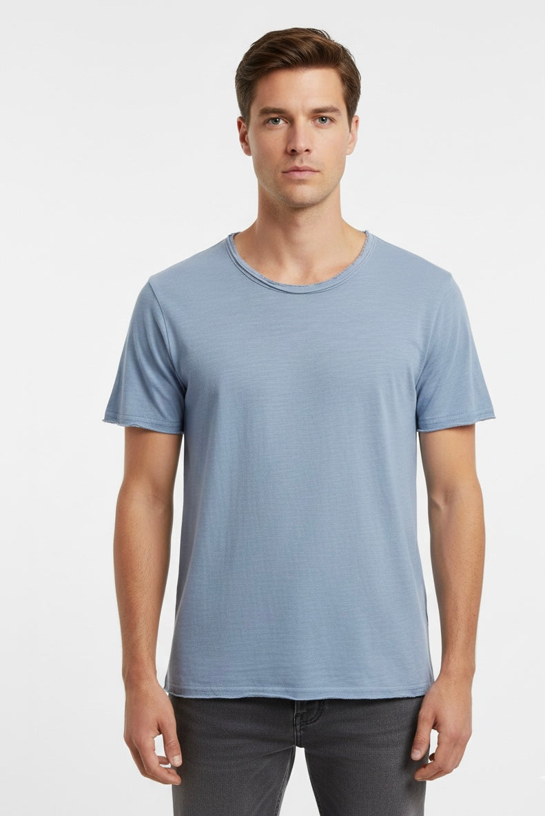 T-Shirt Raw Cut in Cotone Fiammato Azzurro Polvere