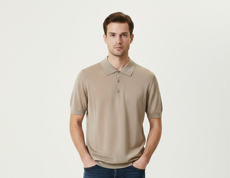 Polo in Maglia Rasata a Manica Corta Tortora