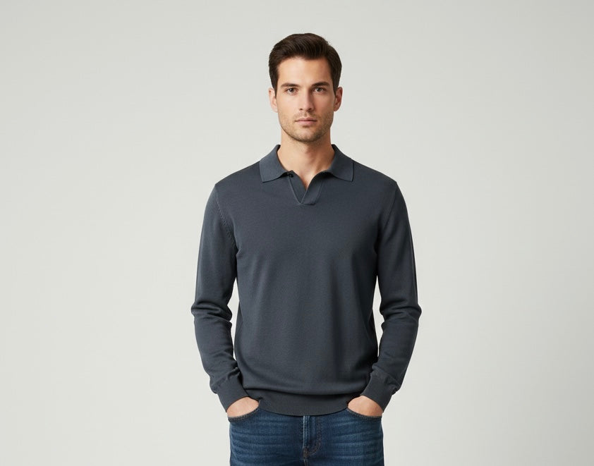 Polo Martinez manica lunga blu in maglia rasata