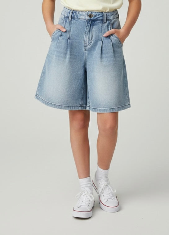 Bermuda in Denim Wide Leg con Pinces