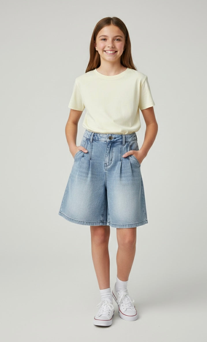 Bermuda in Denim Wide Leg con Pinces