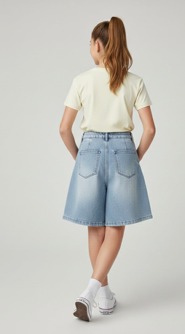 Bermuda in Denim Wide Leg con Pinces