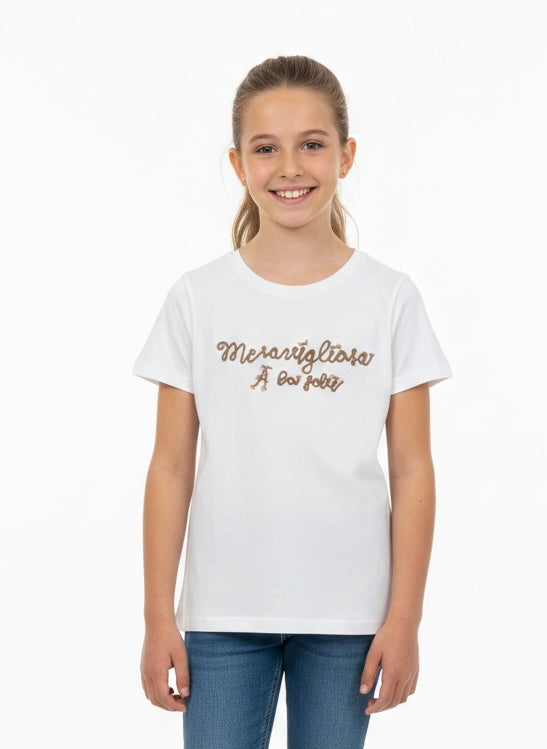 T-shirt con Scritta Meravigliosa in Rilievo