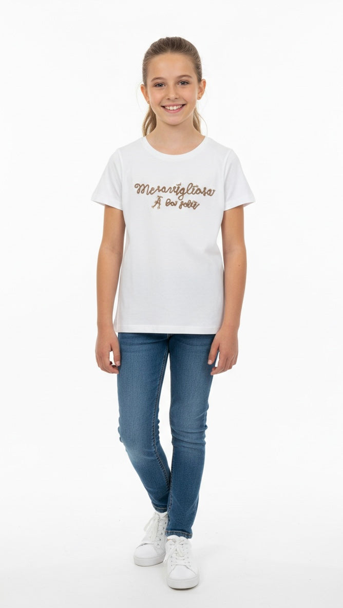 T-shirt con Scritta Meravigliosa in Rilievo