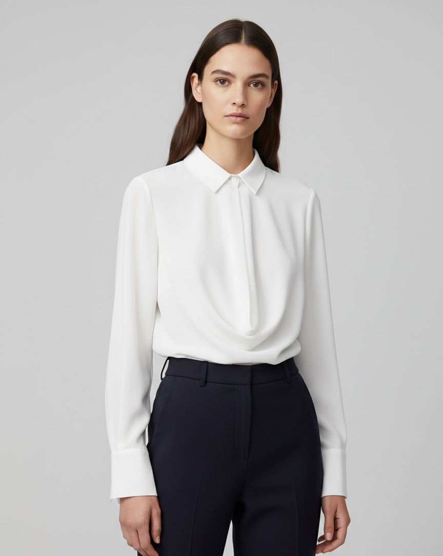 Camicetta Silk-Touch con Scollo a Drappeggio e Taglio Cropped Bianca