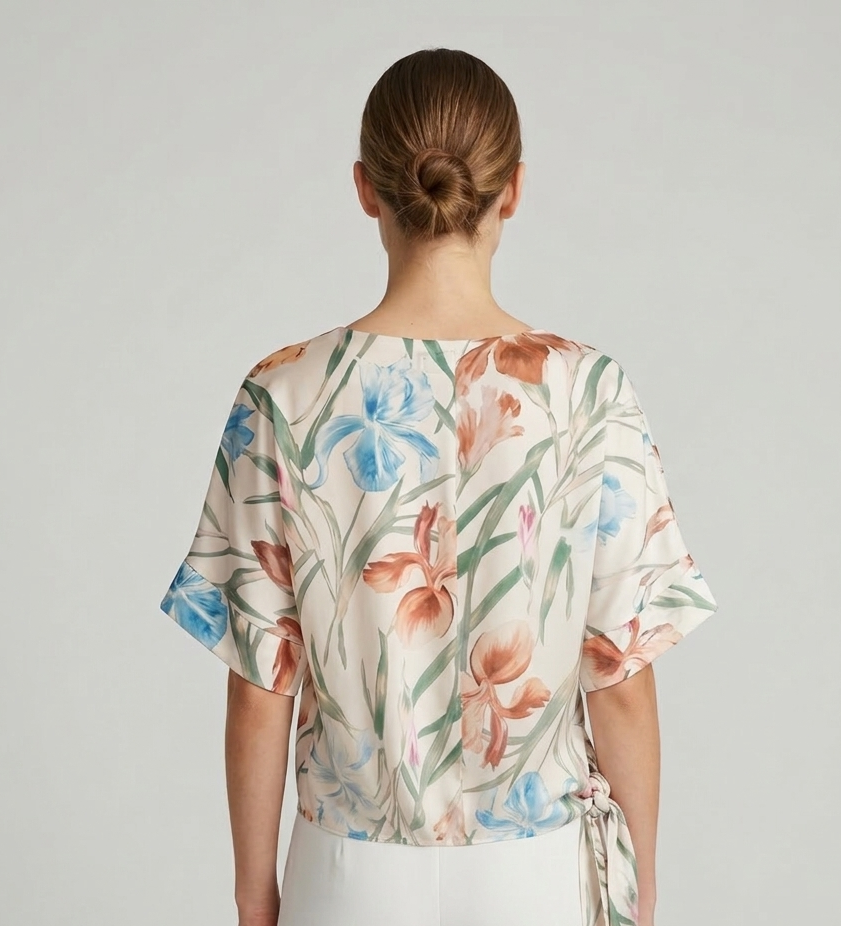 Blusa a Fantasia Floreale con Nodo Rosa