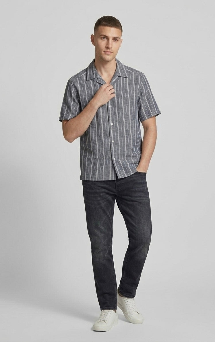 Camicia a Manica Corta Seppo Riga Grigio e Bianco