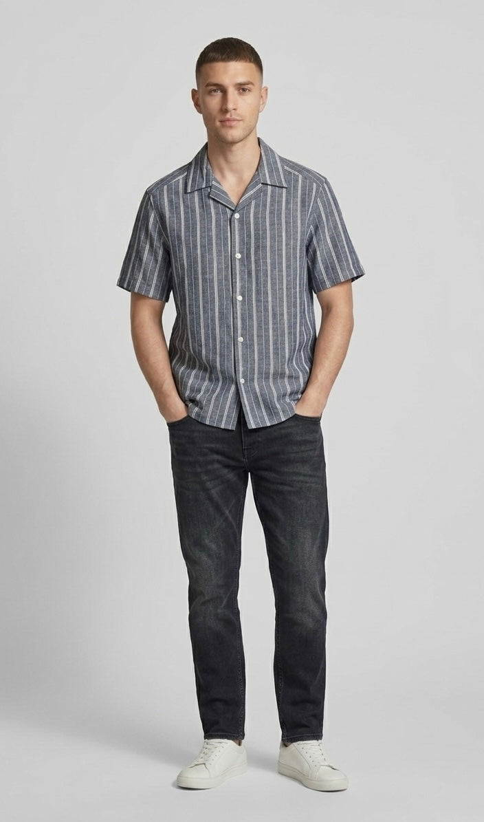 Camicia a Manica Corta Seppo Riga Grigio e Bianco
