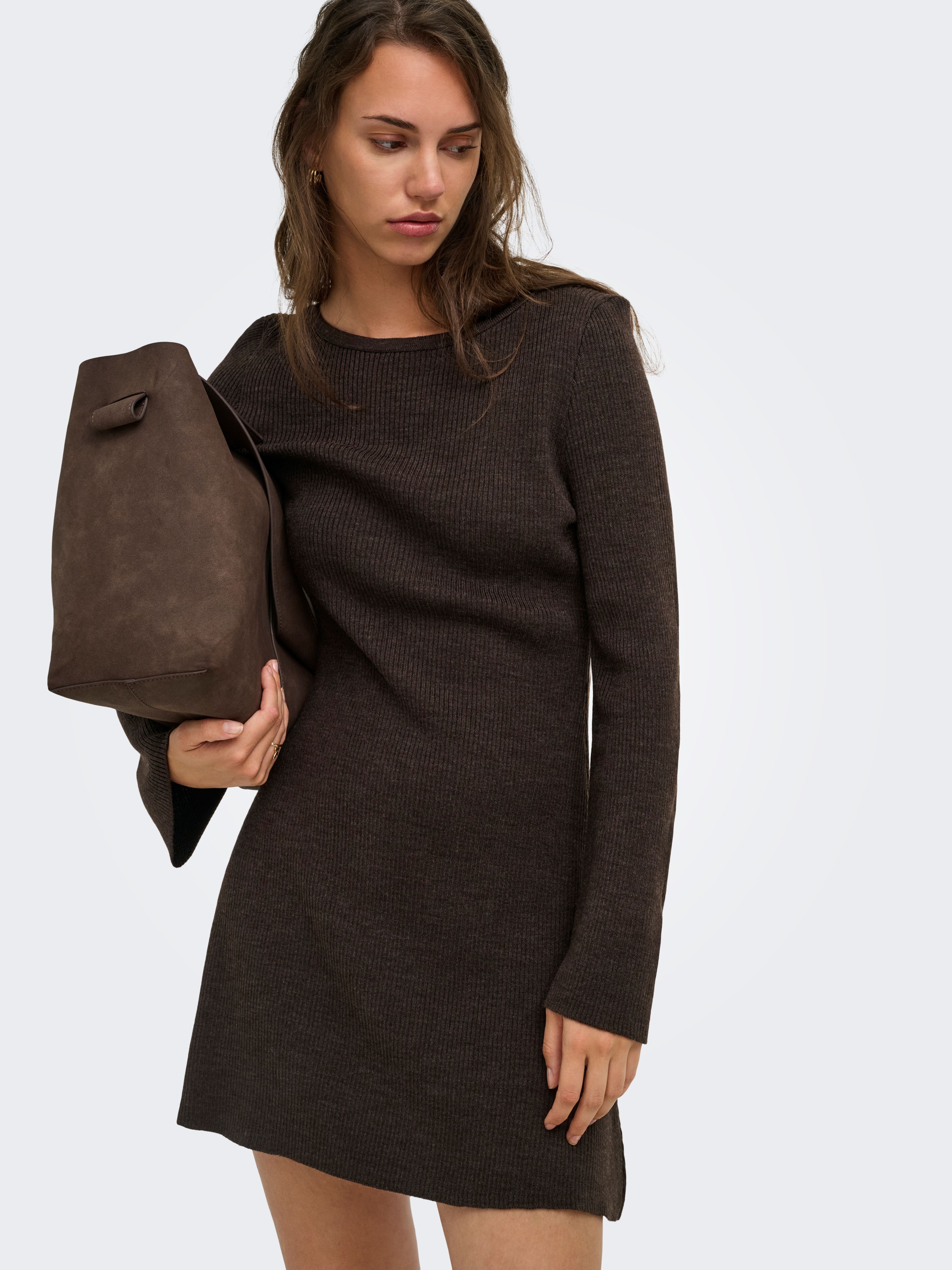Vestito Only Tessie in Maglia Scollo a Barca Coffee Bean