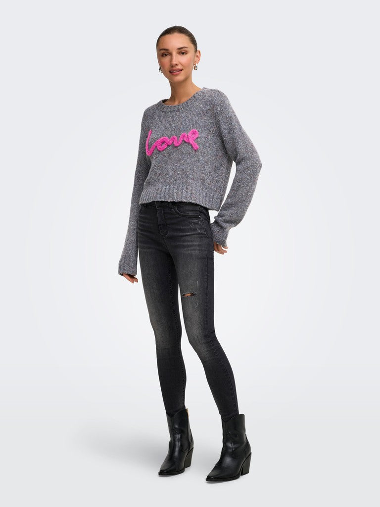 Maglione Donna Girocollo ONLY Milla con Scritta Love Grigio Melange