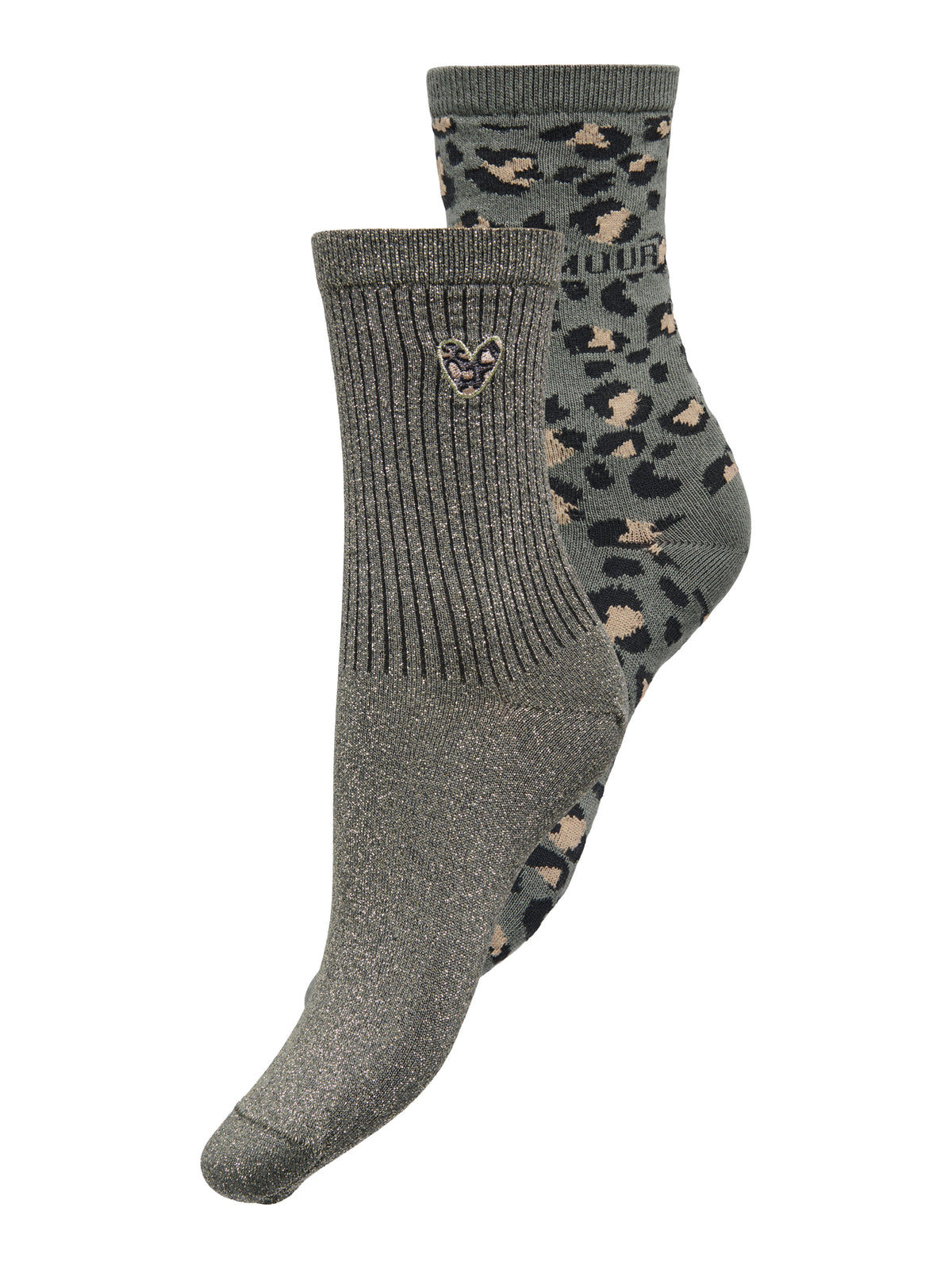Calzini Olivia Confezione da 2 con Dettaglio Glitter e Animalier Verde Salvia / Militare