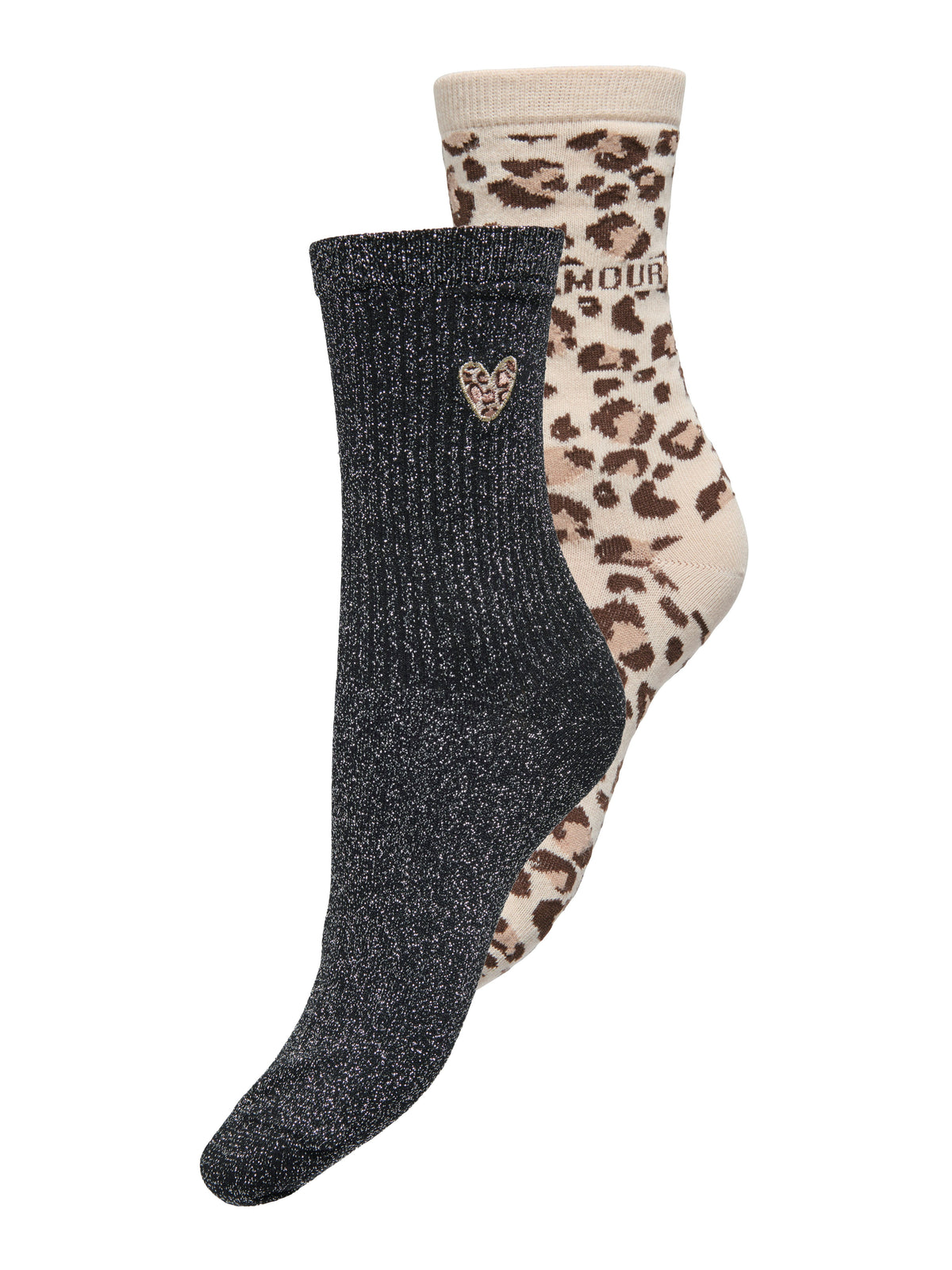Calzini Olivia Confezione da 2 con Dettaglio Glitter e Animalier Nero / Sabbia