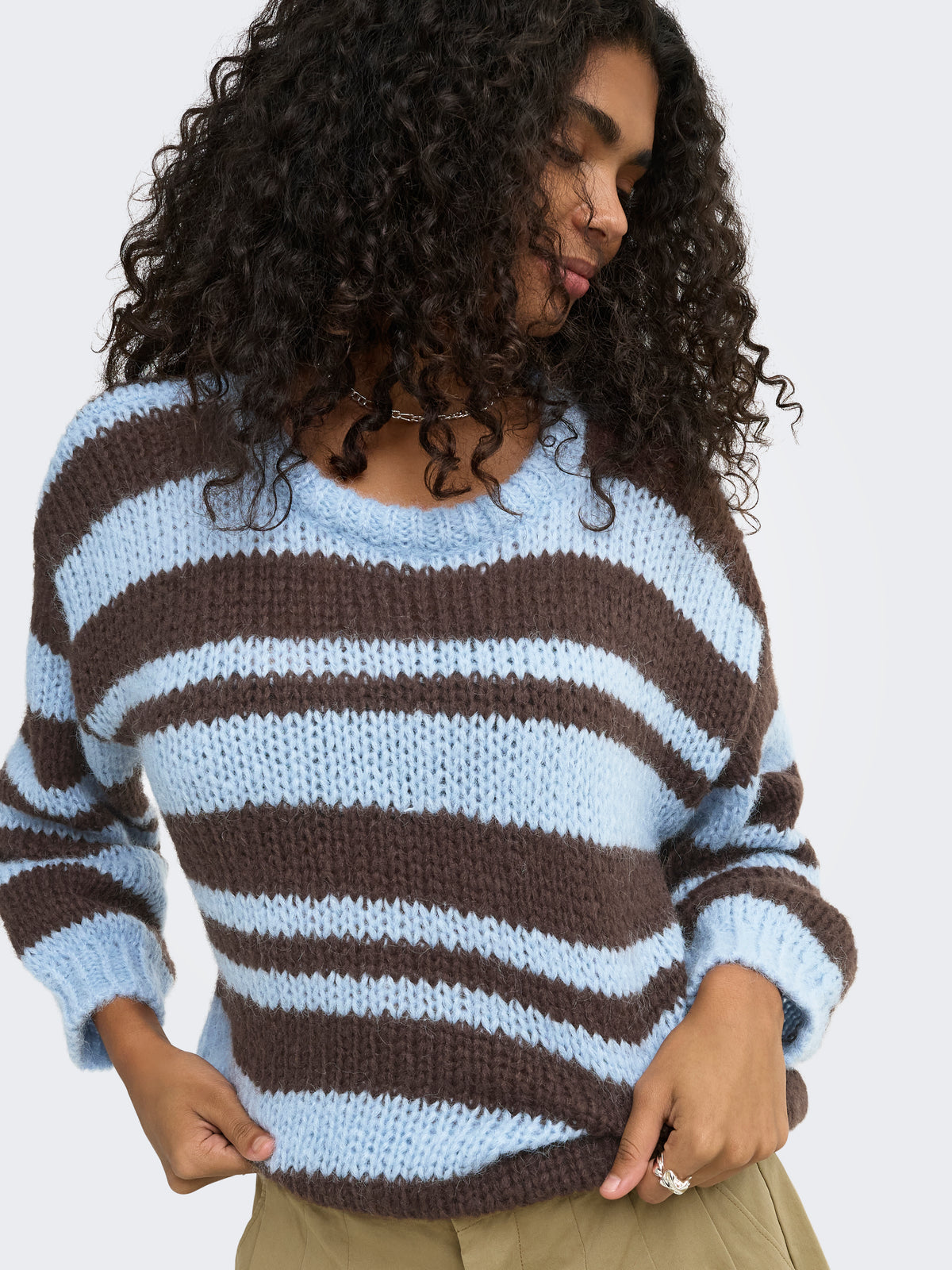 Maglione Girocollo Only Nordic a Righe Celeste e Marrone
