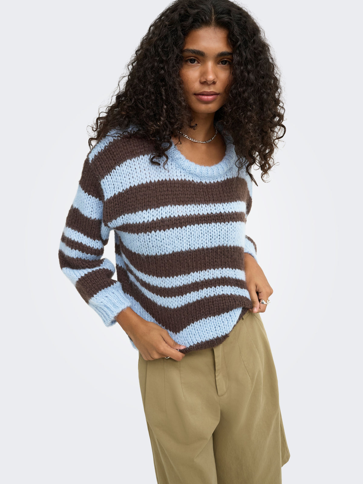 Maglione Girocollo Only Nordic a Righe Celeste e Marrone