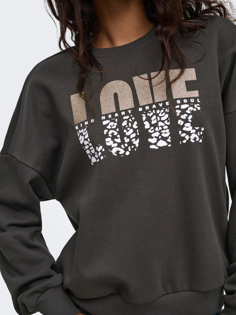 Felpa Girocollo Only Tammie Love Stampa Animalier Grigio Scuro antracite