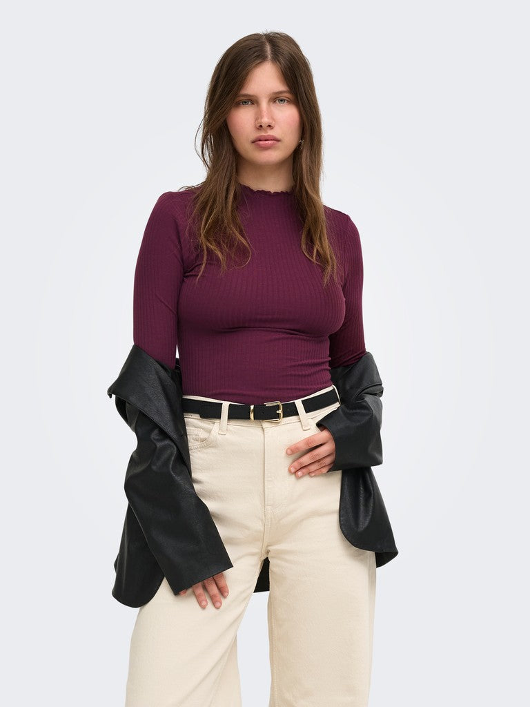 T-shirt Emma a costine a maniche lunghe bordeaux