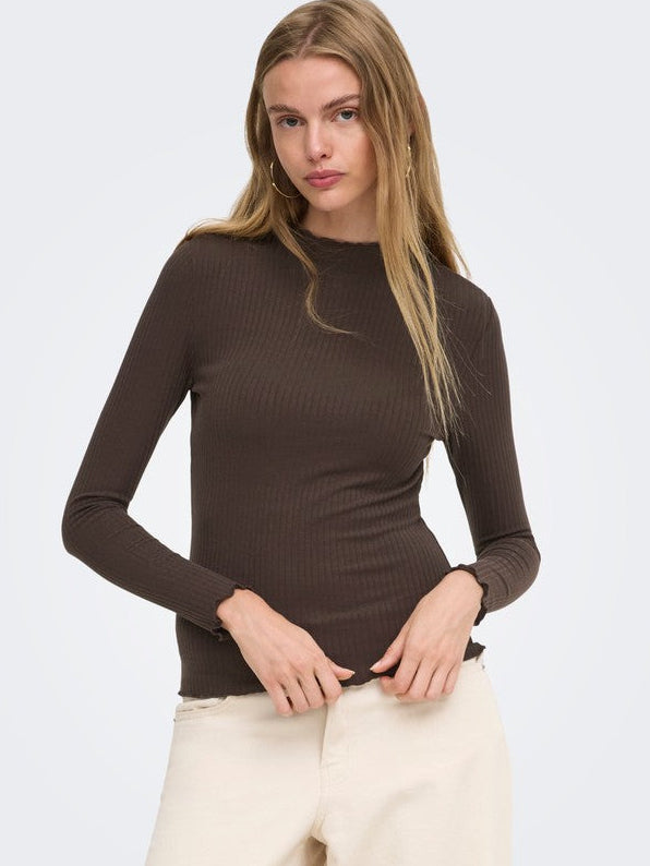T-shirt Emma a costine a maniche lunghe cioccolato