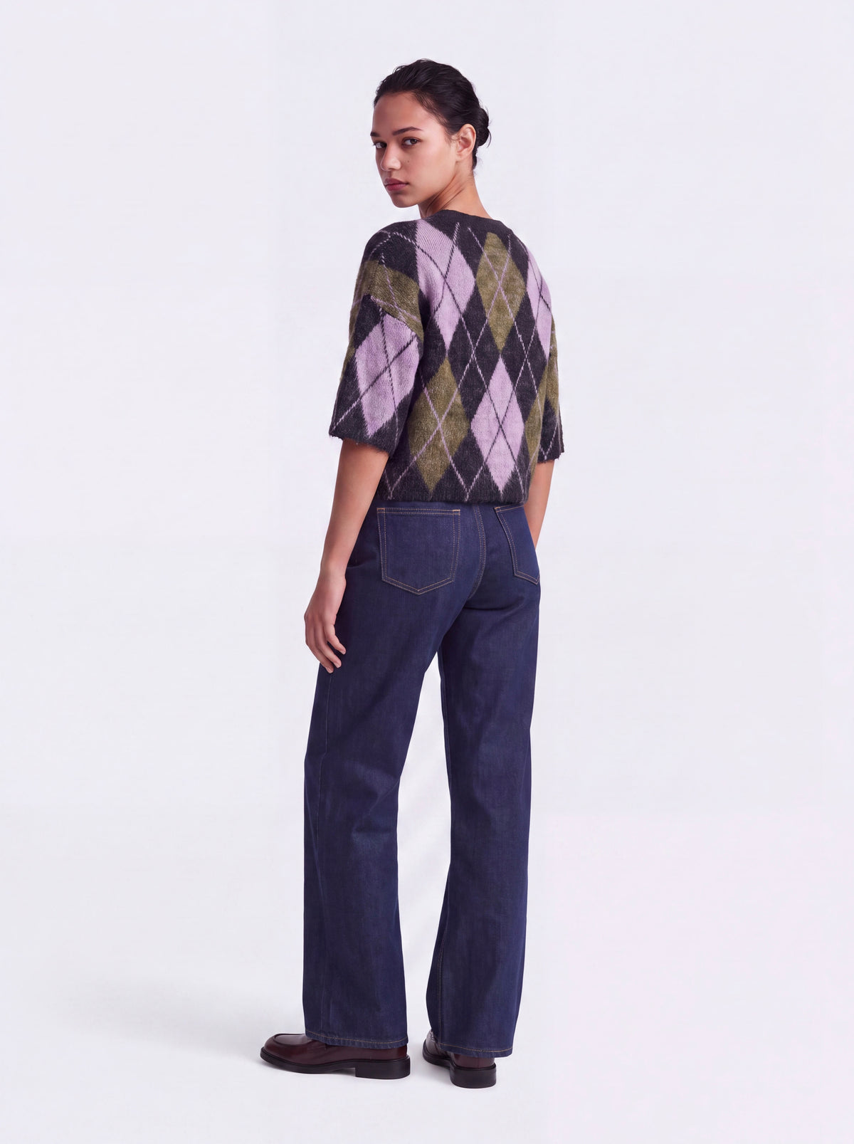 Maglione Only Noeme a Rombi a Manica Corta Viola, Antracite e Verde Oliva