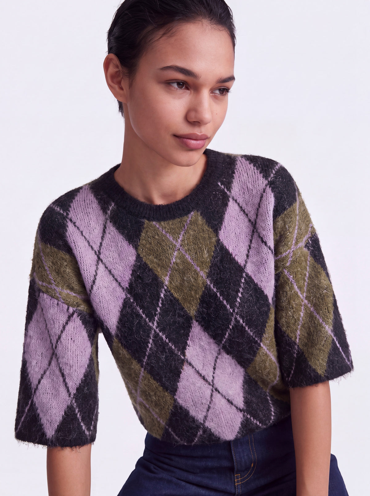Maglione Only Noeme a Rombi a Manica Corta Viola, Antracite e Verde Oliva
