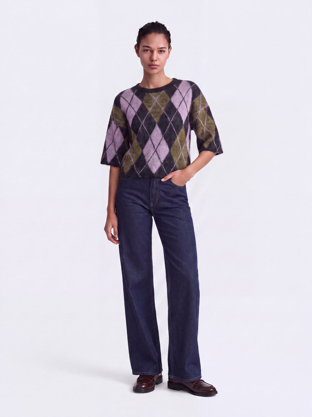 Maglione Only Noeme a Rombi a Manica Corta Viola, Antracite e Verde Oliva