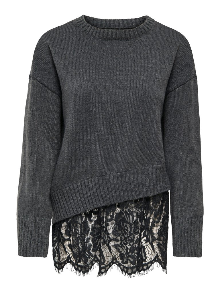 Pullover Only Girocollo Evie Grigio Scuro Con Dettaglio In Pizzo