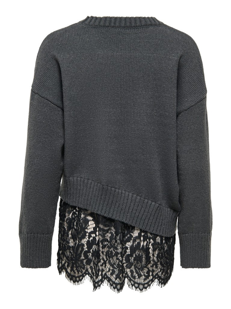 Pullover Only Girocollo Evie Grigio Scuro Con Dettaglio In Pizzo