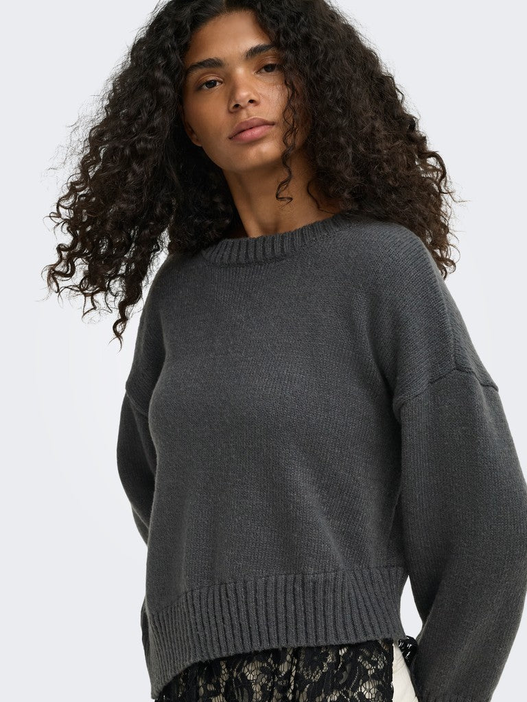 Pullover Only Girocollo Evie Grigio Scuro Con Dettaglio In Pizzo
