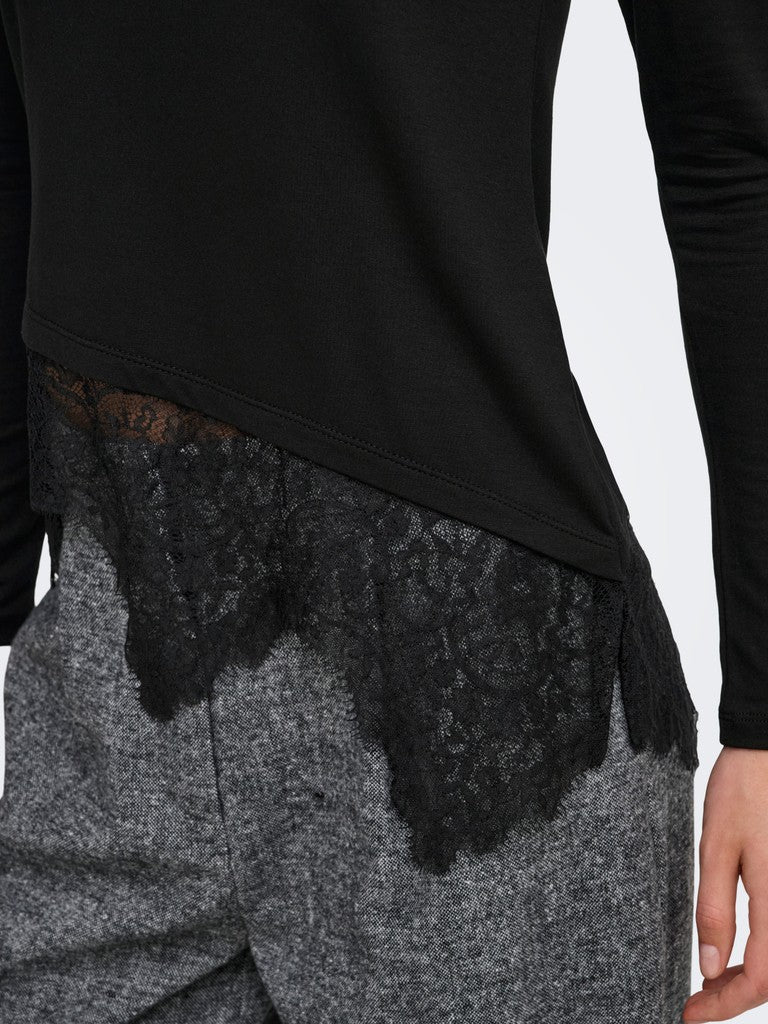T-shirt Nera Laila a Maniche Lunghe con Fondo in Pizzo Asimmetrico