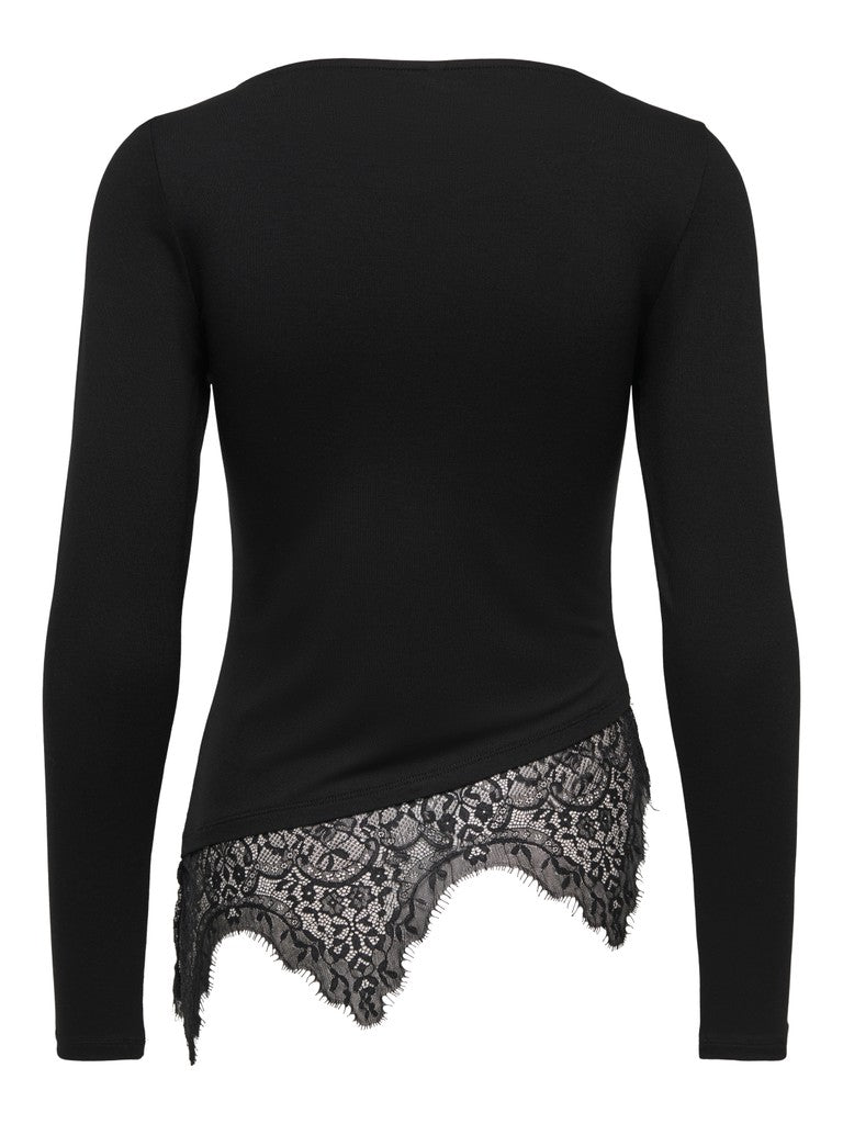 T-shirt Nera Laila a Maniche Lunghe con Fondo in Pizzo Asimmetrico