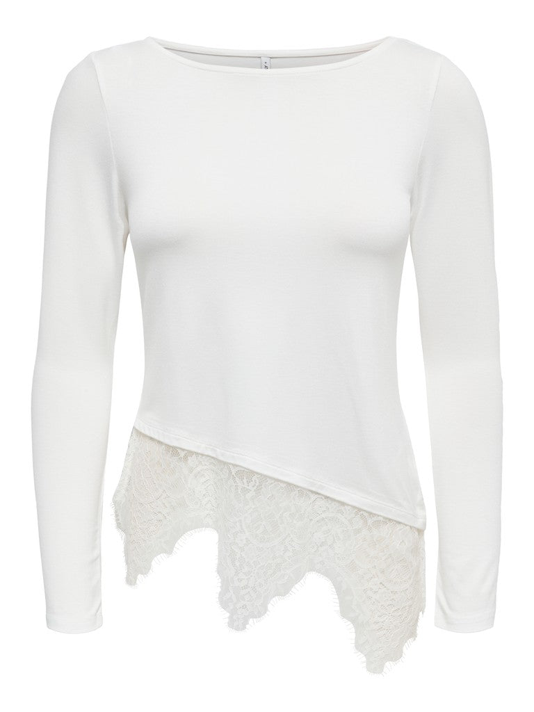 T-shirt Bianca Laila a Maniche Lunghe con Fondo in Pizzo Asimmetrico