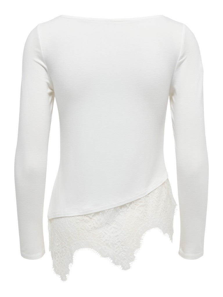 T-shirt Bianca Laila a Maniche Lunghe con Fondo in Pizzo Asimmetrico