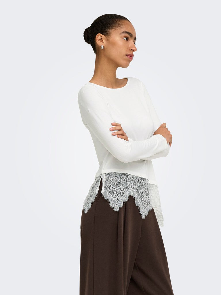 T-shirt Bianca Laila a Maniche Lunghe con Fondo in Pizzo Asimmetrico