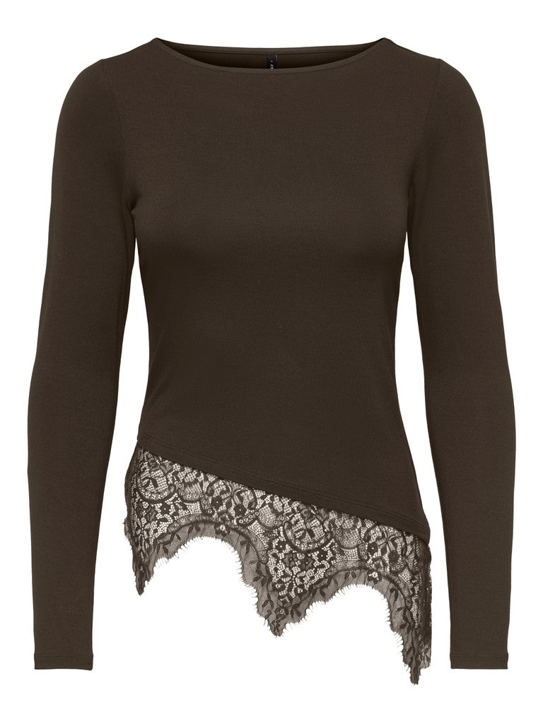 T-shirt Marrone Laila a Maniche Lunghe con Fondo in Pizzo Asimmetrico