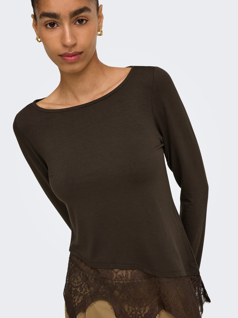 T-shirt Marrone Laila a Maniche Lunghe con Fondo in Pizzo Asimmetrico