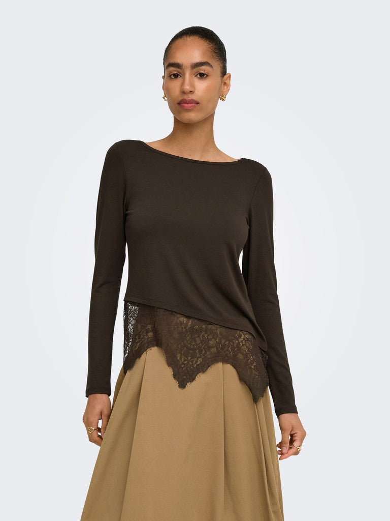 T-shirt Marrone Laila a Maniche Lunghe con Fondo in Pizzo Asimmetrico
