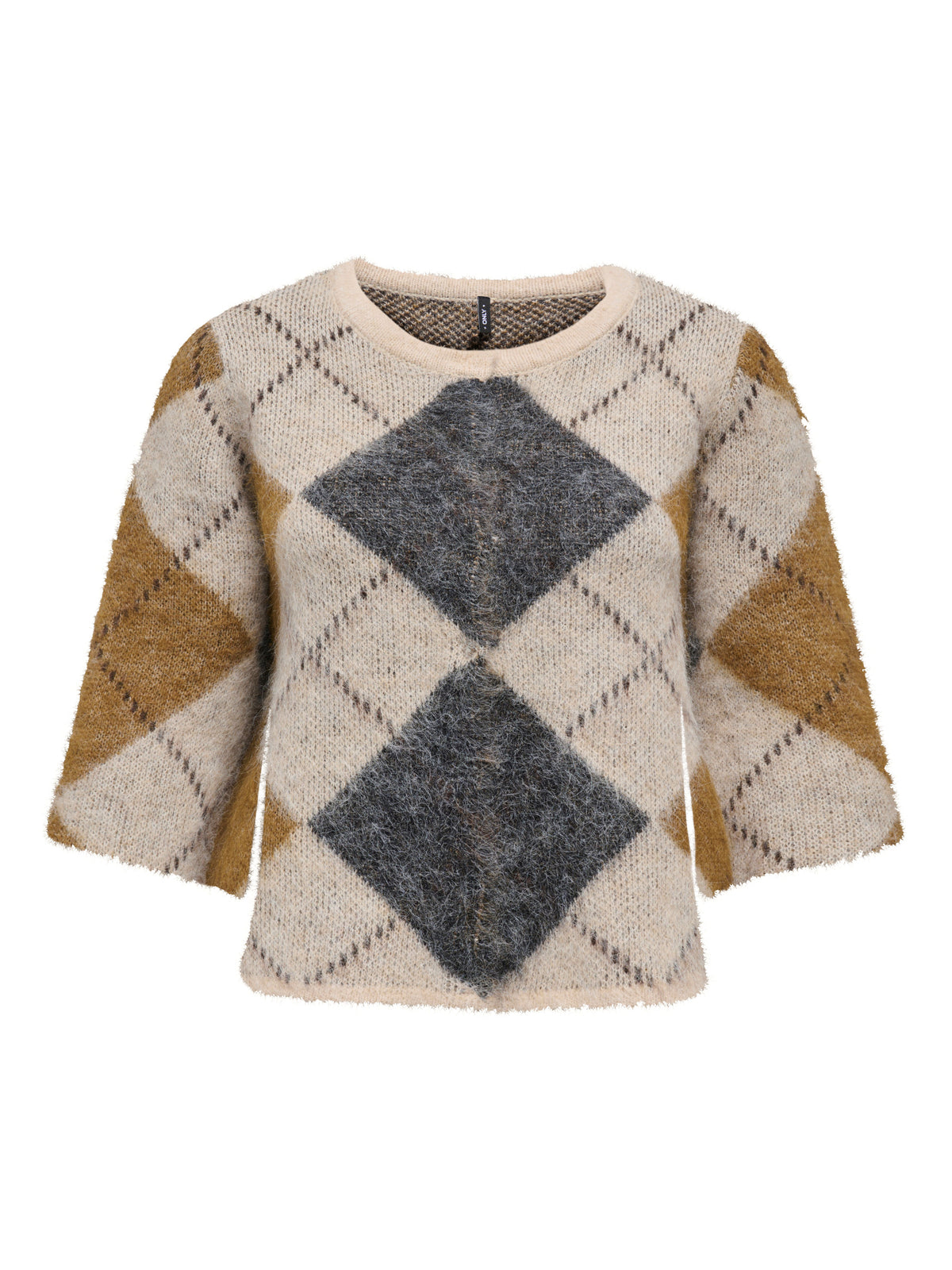 Maglione Only Noeme a Rombi a Manica Corta Panna, Antracite e Senape