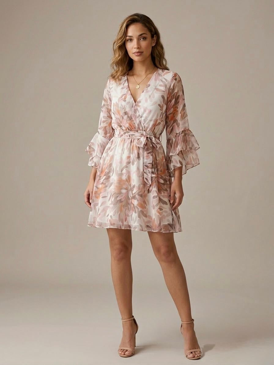 Abito Midi Scollo Incrociato con Stampa Floreale Astratta Rosa