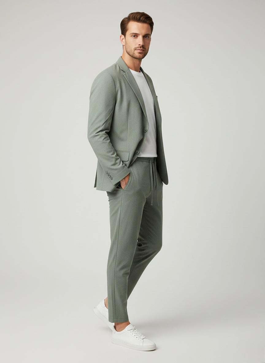Completo Casual Chic in Tessuto Crespo Verde Salvia