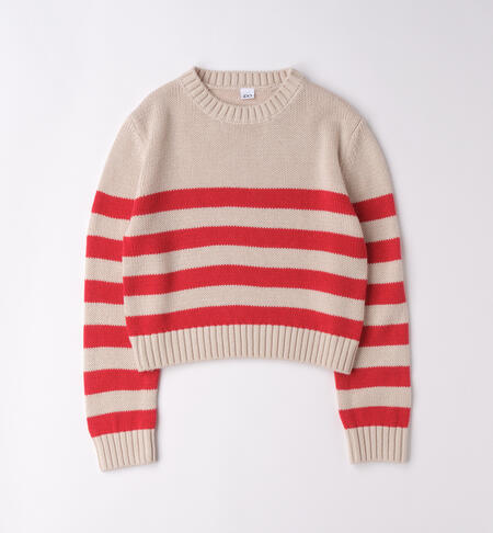 Maglione Cropped a Righe Ecru e Rosso
