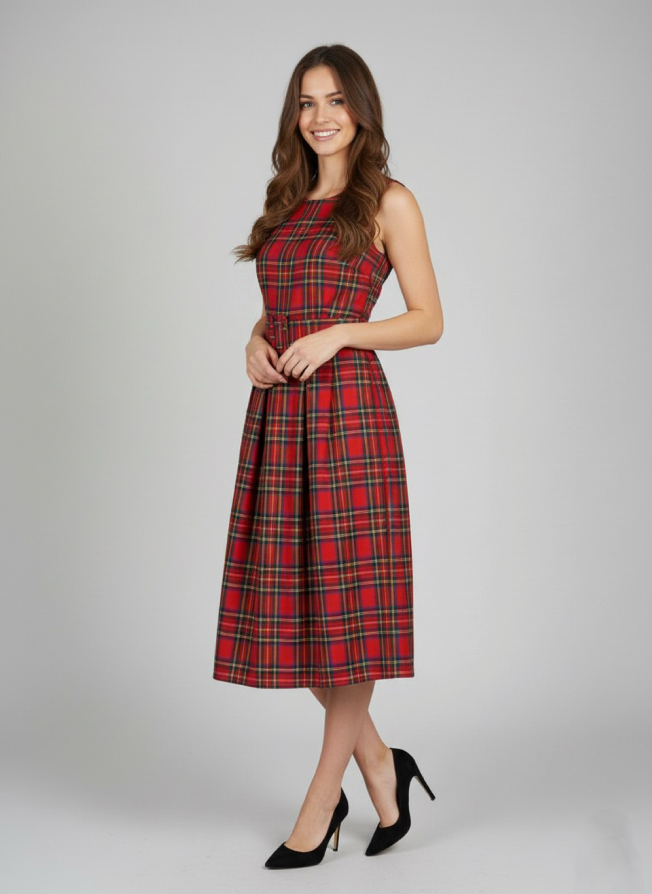 Abito Midi Scozzese Natale Rosso Smanicato