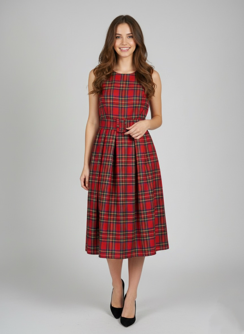 Abito Midi Scozzese Natale Rosso Smanicato